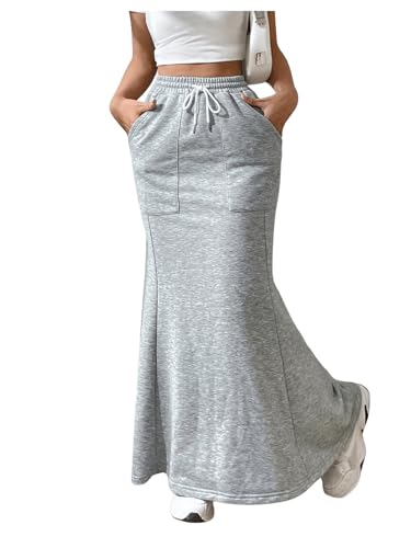 SHENHE Women's Drawstring Maxi Sweat Skirt with Pockets High Waisted Long Fishtail Skirt