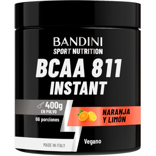 Bandini® BCAA 8:1:1 en POLVO 400 gr   Complemento Alimenticio de Aminoácidos de Cadena Ramificada en Proporción 8 1 1   Pre Intra y Post Entrenamiento 8.1.1   Vegano   Sabor Naranja y Limón