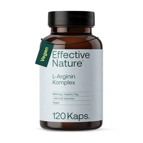 effective nature - L-Arginin mit Q10 und Folsäure - 90 Kapseln - Mit Vitamin B3, B6 & B12 - Auch für Veganer geeignet - 1840 mg L-Arginin und 100 mg Q10 pro Tagesdosis - Hochdosiert