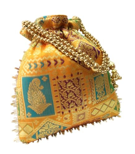 Image of MILAN'S CREATION Potli Banarasi Silk Brocade Bag Purse Drawstring Women's handbag with Pearl Handle & Tassel Weddings