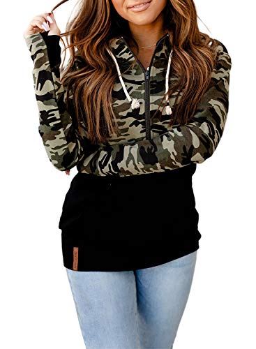 Diukia Women's Casual Half Zip Drawstring Pullover Sweatshirt Camo Print Color Block Hoodie Sweatshirt Lightweight Long Sleeve Pullover Tops with Kangaroo Pocket Green XL