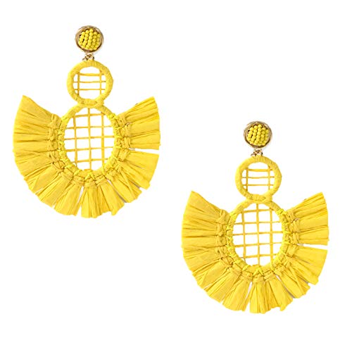 B Jewelry Collection Pineapple Yellow Raffia Tassel Drop Earrings, Bohemian