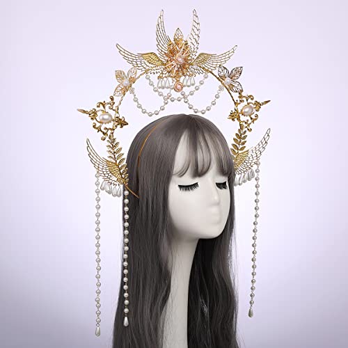 women Rose bead chain halo headband (style 3), gold - Image 2