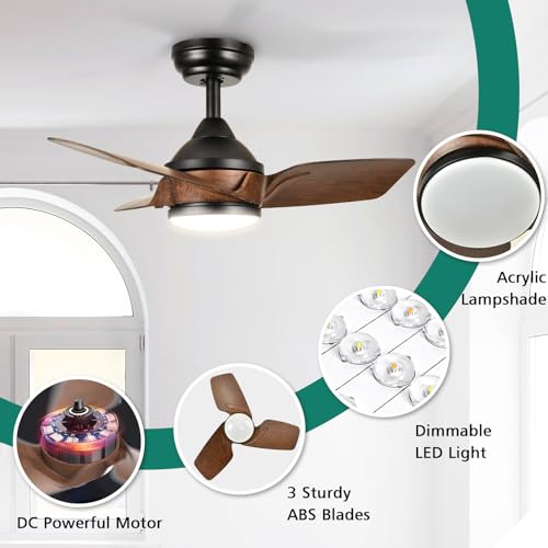 DWVO 26 Inch Ceiling Fans with Light and Remote, Small Modern Black Ceiling Fan with 3 Blades, 6 Speeds, 3 Colors Dimmable for Bedroom Patio Kitchen, DC Quiet Motor, Memory Function, Walnut