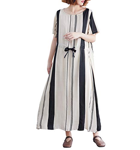 ellazhu Women's Summer Scoop Neck Short Sleeve Stripe Oversized Long Dress with Belt GA1456 Stripe Black