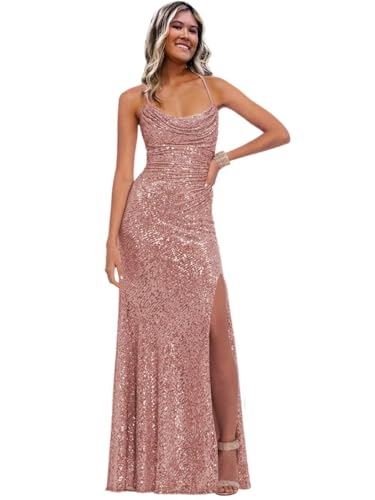 Image of Stylefun Women's Halter Mermaid Prom Dresses with Slit Long Sequin Formal Cocktail Party Dress STN027