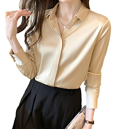 Women's Satin Blouse Fashion Long Sleeve Satin Silk Shirt Work Office Top Casual Shirt