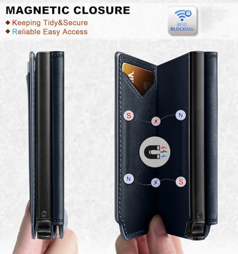 Image of VOGARD RFID Blocking Pop-Up Wallet for Men | Slim Leather Bifold Wallet with Metal Card Holder, Magnetic Flip, ID Window & Cash Pocket | Holds 10 Cards Blue