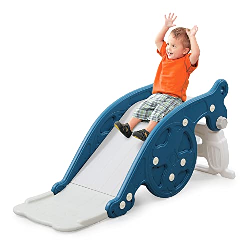 4in1 Baby Sliding, Toddler Slide for 1-3 Years Old Boys Girls, Baby‘s First Slide with Rocking Horse, Basketball Hoop, Ring Toss, Slide Climber Play Set for Indoor Outdoor Backyard, Playground (Blue)