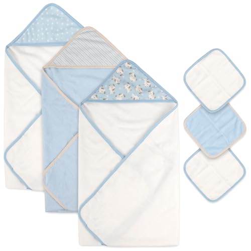 Image of Jessica Simpson 6 Piece Printed Hooded Bath Towel and Washcloth Set for Infant, Newborns and Toddlers 3 - 24 Months for Bath Time, Showers, Lounge, Beach and Pool (6 Piece Puppies Print)