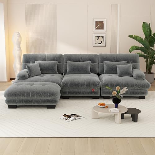 Canapé d'angle convertible moderne de 313 cm, grand canapé d'angle convertible 3 places avec pouf pour salon, canapé modulable profond avec structure en bois massif...