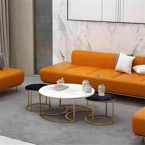 Image of 3 Piece Living Room Table Set, 1 White Center Table and 2 Black End Nesting Tables Round Stacking Coffee Side Table for Small Space, Nightstand Bedside Table for Restaurent and Hotels