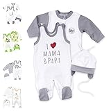 Baby Sweets® Unisex 3er Baby Set mit Strampler, Baby Langarmshirt & Babymütze für Jungen & Mädchen in Weiß Grau / Baby Kleidung Set im Design I Love Mama & Papa Größe: 6 Monate (68)