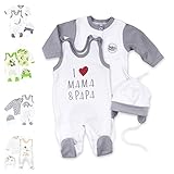 Baby Sweets Unisex 3er Baby-Set mit Strampler, Shirt & Mütze für Jungen und Mädchen in Weiß Grau/Baby-Erstausstattung als Strampler-Set im Design I Love Mama & Papa in der Größe: 3 Monate (62)