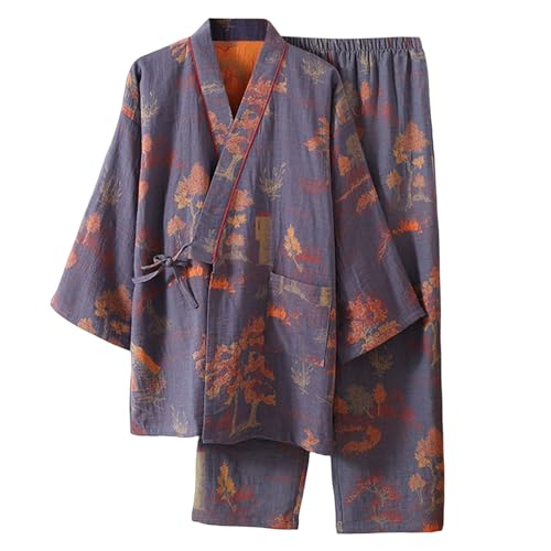 2025 Pijama Kimono japonés de primavera para hombre, ropa de salón Hanboki, jacquard, corbata suelta, conjunto de pantalones de pijama con hombres, gris, M