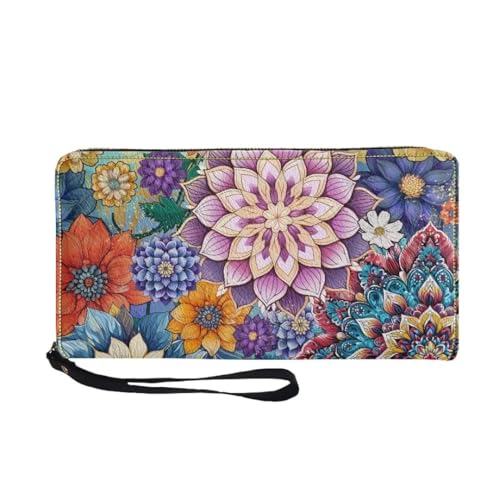 Bohemian Mandala Leather Wristlet Wallet for Women Portable Storage Bag Ethnic Style Fashion Travel Business Shopping Money Clips Handbag Purse