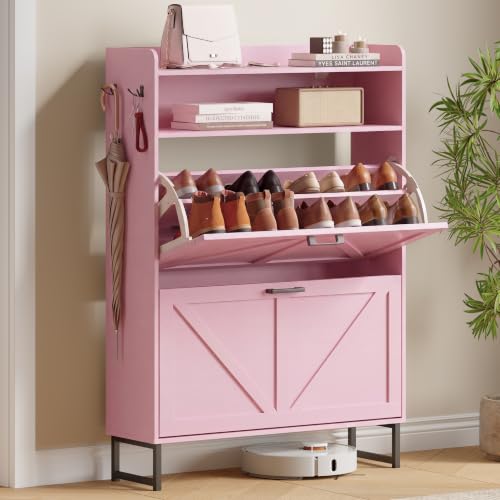 Image of Xixini Shoe Storage Cabinet with 2 Flip Drawers, Entryway Shoe Rack, Pink