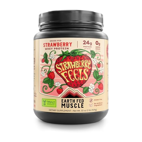 Image of Earth Fed Muscle Strawberry Feels Forever Irish Grass Fed Whey Protein Isolate, Third-Party Certified. 24g Protein, Strawberry - Non-GMO, Hormone Free, Soy Free, Gluten Free - 2 LB, 27 Servings