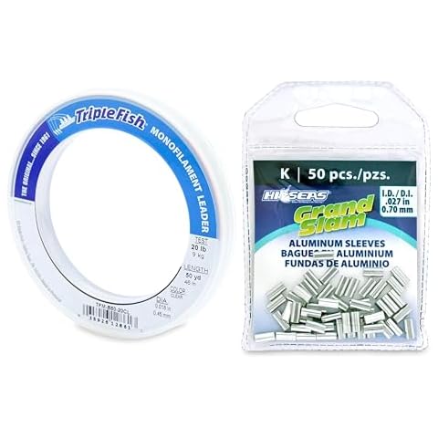 Triple Fish Monofilament Leader, 20 lb / 9.1 kg Test, .018 in / 0.45 mm Dia, Clear, 50 yd / 46 m with HI-SEAS Grand Slam Aluminum Sleeves, 0.7 mm Inside Diameter, use with 40 lb Fishing Line Mono, 50 Cover