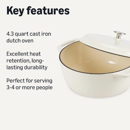 Image of Amazon Basics Enameled Cast Iron Dutch Oven Pot with Lid, Round, Dual Handles, Heavy-Duty, Oven Safe for Stews, Roasting, Baking, 4.3-Quart, White
