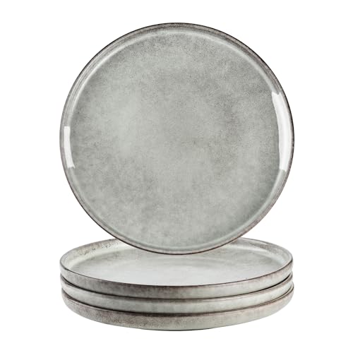 Henten Home 10 Inch Ceramic Dinner Plates, Porcelain Steak Plates Set of 4, Fluted Round Plates for Kitchen, Pasta, Salad Stonware Dishes, Scratch Resistant (Grey)
