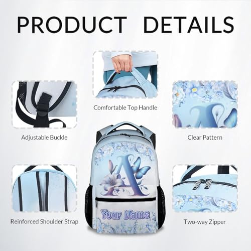 Backpack for Girls, Personalized Backpacks for Kids Women, Butterfly Bookbags Initial School Bag, 17 Inch Blue Monogram Bookbag for Primary Middle College4