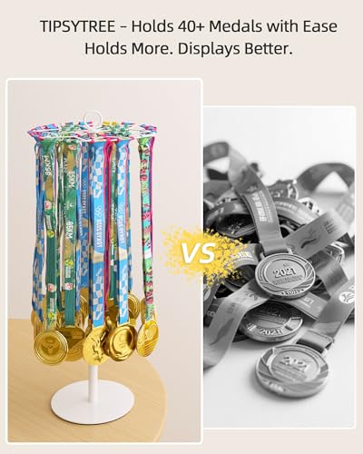Image of Rotatable Medal Hanger Display - Adjustable Medal Honor Display - Desktop Metal Medal Holder for Running, Sports, Taekwondo, Awards - Ribbon-Safe Hook, 40+ Medals