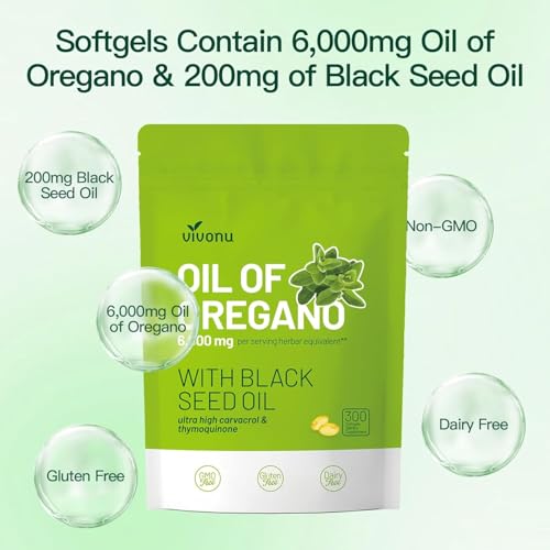 Image of VivoNu Oil of Oregano with Black Seed Oil, Balanced Oil of Oregano Capsules, Organic Oregano Oil Softgels, Non-GMO(300 Count /1 Pack)