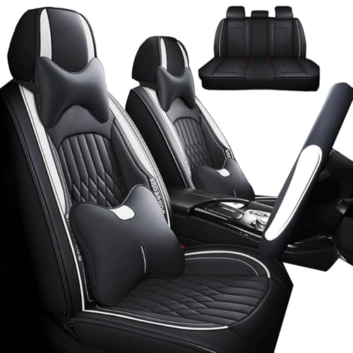 シートカバー に適用 レクサスRZ令和5年3月?現行 車用シートカバー レザー素材 360度全包囲 高弾性スポンジ 耐磨耗 通気性 防水防汚 全天候型 春夏秋冬対応 簡単取り付け 座布団 5枚セット 【2025年】(白黒,枕付き)