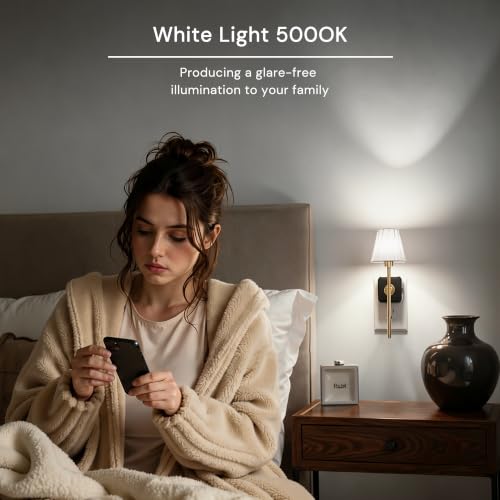 Image of L LOHAS LED Night Lights Plug into Wall,White Pleated Fabric Cover Night Light, 5000K Daylight with 0-100LM Dimmable Night-light, Dusk to Dawn Sensor Vintage Nightlight for Bedroom Living Room