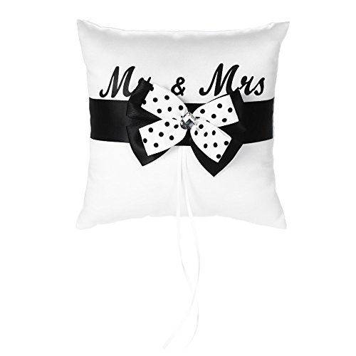 Baugger - 7 * 7 polegadas branco preto Bowknot cetim anel portador de travesseiro e casamento Flower