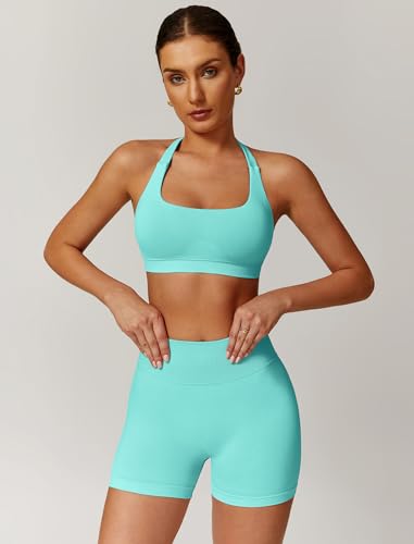 Image of ABOCIW Workout Sets for Women 2 Piece seamless Halter Sports Bra Scrunch Butt Impact Shorts Gym Yoga Outfits