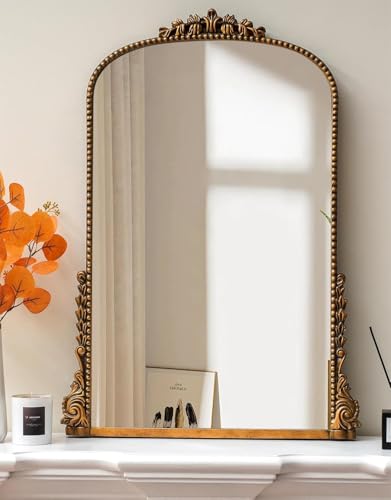 SHYFOY Grande specchio vintage con arco, 100 x 72 cm, stile barocco, antico specchio decorativo dorato, grande per bagno, soggiorno, camera da letto, camino, corridoio