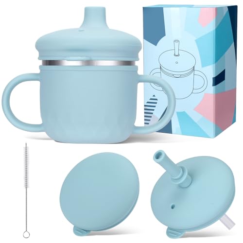 BUSOHA Stainless Steel Sippy Cups - 3 IN 1 Silicone
