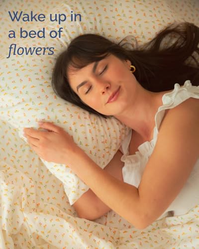Image of Twin XL 3 Piece Floral Sheet Set - Breathable & Cooling - Petite Garden | 1 Flat, 1 Fitted & 1 Pillowcase w / Deep Pockets, Boho Botanical Floral Bedding, Breathable & Cooling, Wrinkle & Fade Free