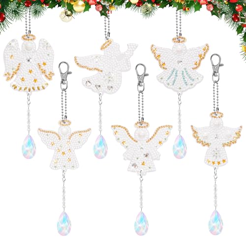 MONCAP 6 PCS Diamond Art Painting Kits 5D Guardian Angel Diamond Keyrings Double Sided DIY Art and Craft Christmas Hanging Ornament Pendant for Window Home Garden