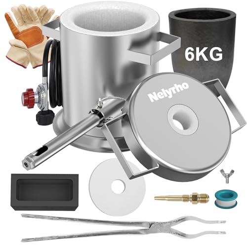 Nelyrho 6kg Stainless Steel Propane Melting Furnace Kit with Crucible and Tong Complete Home Foundry Set for Scrap Metal Recycling Gold, Silver, Copper, and Aluminum Smelting and Refining