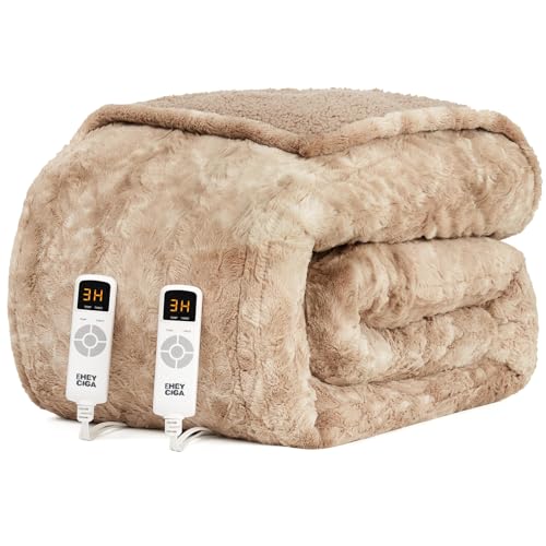 EHEYCIGA Faux Fur Heated Blanket - King Size, 9 Heating Levels, Auto Off, Soft Cozy Washable Dual Control, 90 x 100 Inches