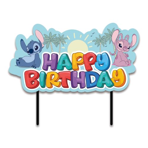 dekora, Cake Topper de Stitch & Angel Happy Birthday para Tarta de Cumpleaños Infantil, Decoración de Fiesta Temática Disney, Apto para Contacto Alimentario, Silueta de Papel 17,5 x 13 CM