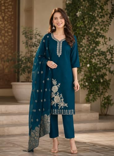 Image of Womens Zardozi Floral Embroidered Kurta with Pant and Heavy Jacquard Border Dupatta Set