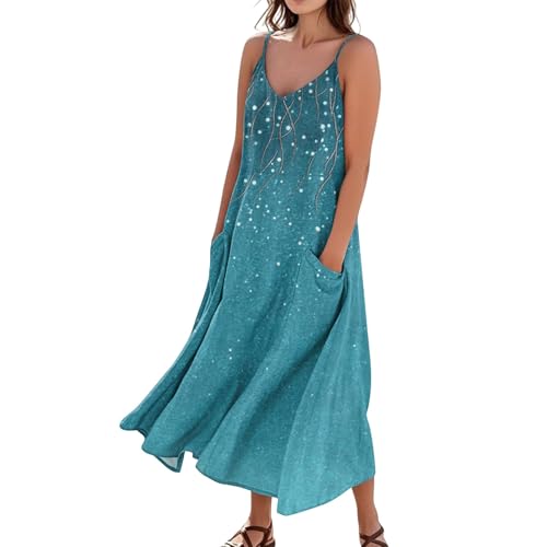 Leinenkleid Damen Sommer Sommerkleid Damen Lang V Ausschnitt A Linie Elegant Trägerkleid Boho Kleid Mit Taschen Strandkleid Baumwolle Leinen Leicht...