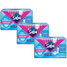 SABA Ultra Invisible Ultra Thin Regular Pads with Wings, SecureFit Technology, 3-Pack of 18 Pads 54 Count