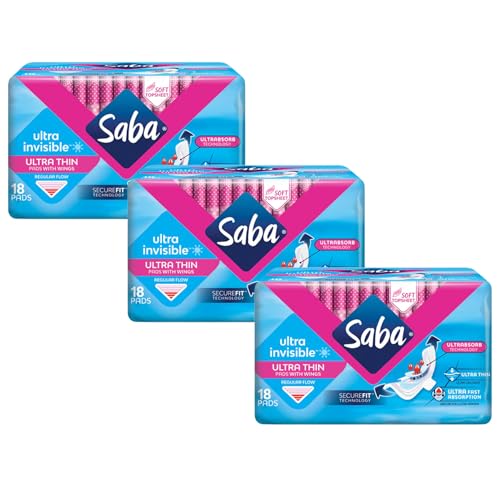 SABA Ultra Invisible Ultra Thin Regular Pads with Wings, SecureFit Technology, 3-Pack of 18 Pads (54 Count)