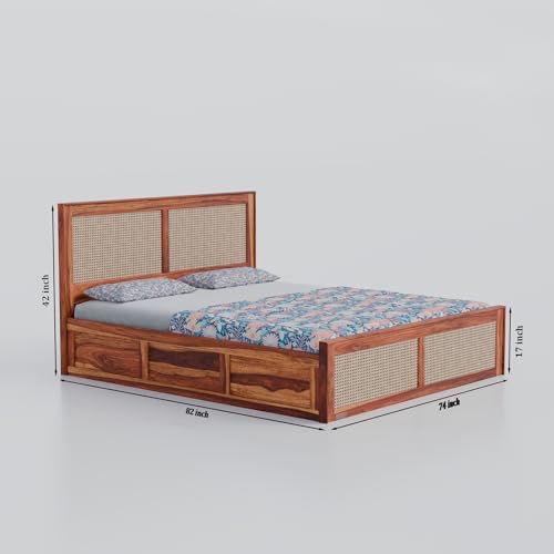 Image of DRIFTINGWOOD Amber Solid Sheesham Wood King Size Bed with Box Storage | Rattan Cane Headboard & Footboard Wooden Bed for Bedroom | Honey Finish (Self Assembly Required)