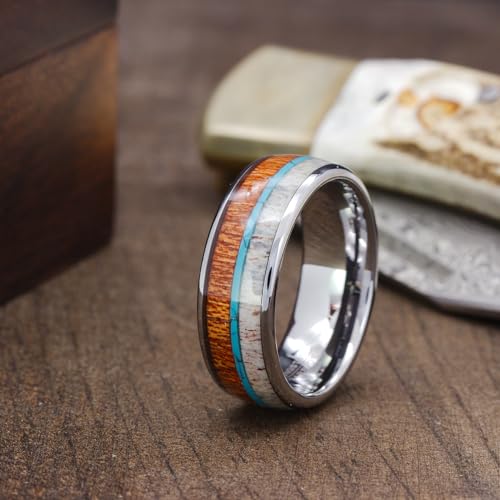 Men's Silver Tungsten Carbide Wedding Band - Premium Tungsten Ring With Turquoise, Deer Antler & Koa Wood Inlay - Includes Silicone Band, Leather Drawstring Pouch, & Luxury Walnut Box4