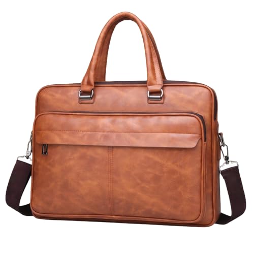 Cicilin Bolsa mensageiro para homens e mulheres casual pasta de negócios bolsas de couro PU, Marrom claro, Medium