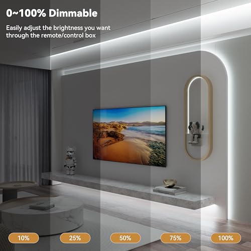 Image of PAUTIX COB LED Strip Light 32.8ft,LED Lights UL-Listed Daylight White 6000K Strip Lights with RF Remote,Dimmable Super Bright 24V Cool White Natural White LED Tape Lights,Cabinet Office Lighting