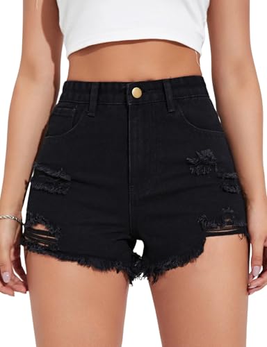 MapleHub Denim Shorts Women Ripped Stretchy Mid-High Rise Jean Shorts Distressed Summer Folded Hem Hot Short