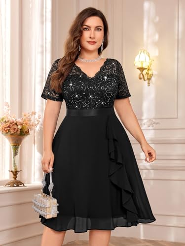 MISSMAY Women's Plus Size Sequins Lace Contrast Chiffon V Neck Flowy Cocktail Party Prom Midi Dress3