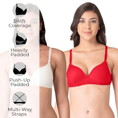 Image of Komli - Heavily Padded Push-Up Bra - Cotton Rich - Balconette - 3 /4th Coverage, Seamless, Wireless, Multiway Straps - T-Shirt Bra